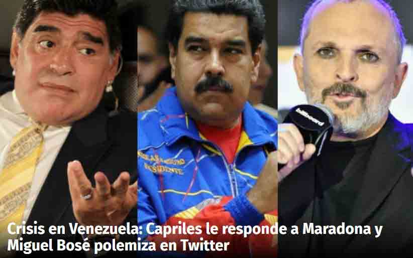 El ídolo del fútbol argentino, Diego Maradona, y el cantante español Miguel Bosé han tomado parte activa en sentidos opuestos en torno al grave conflicto político y social que afecta a Venezuela, despertando diversas reacciones debido a sus categóricos comentarios sobre la situación.